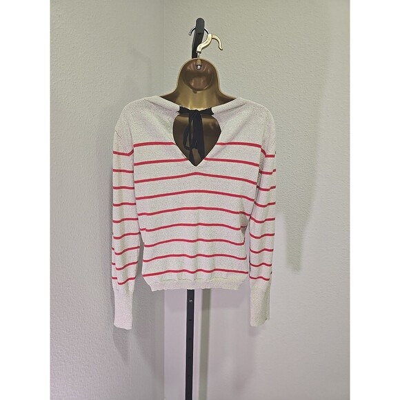 Y2K Princess Vera Wang Cream Red Sweater Womens XL  Stripe Sequin Holiday Bow - Picture 5 of 9